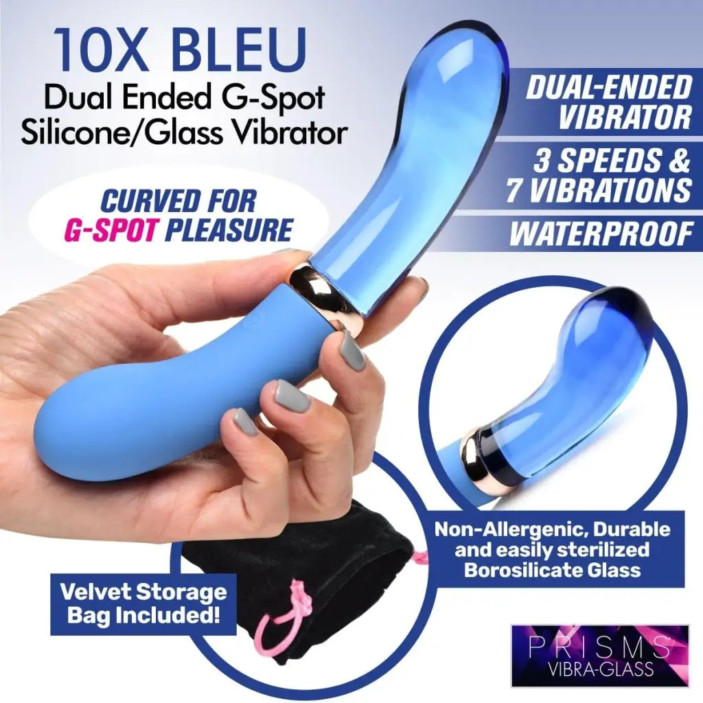 Prisms Vibrator 10x Bleu Dual Ended G-spot Silicone And Glass Vibrator at the Haus of Shag