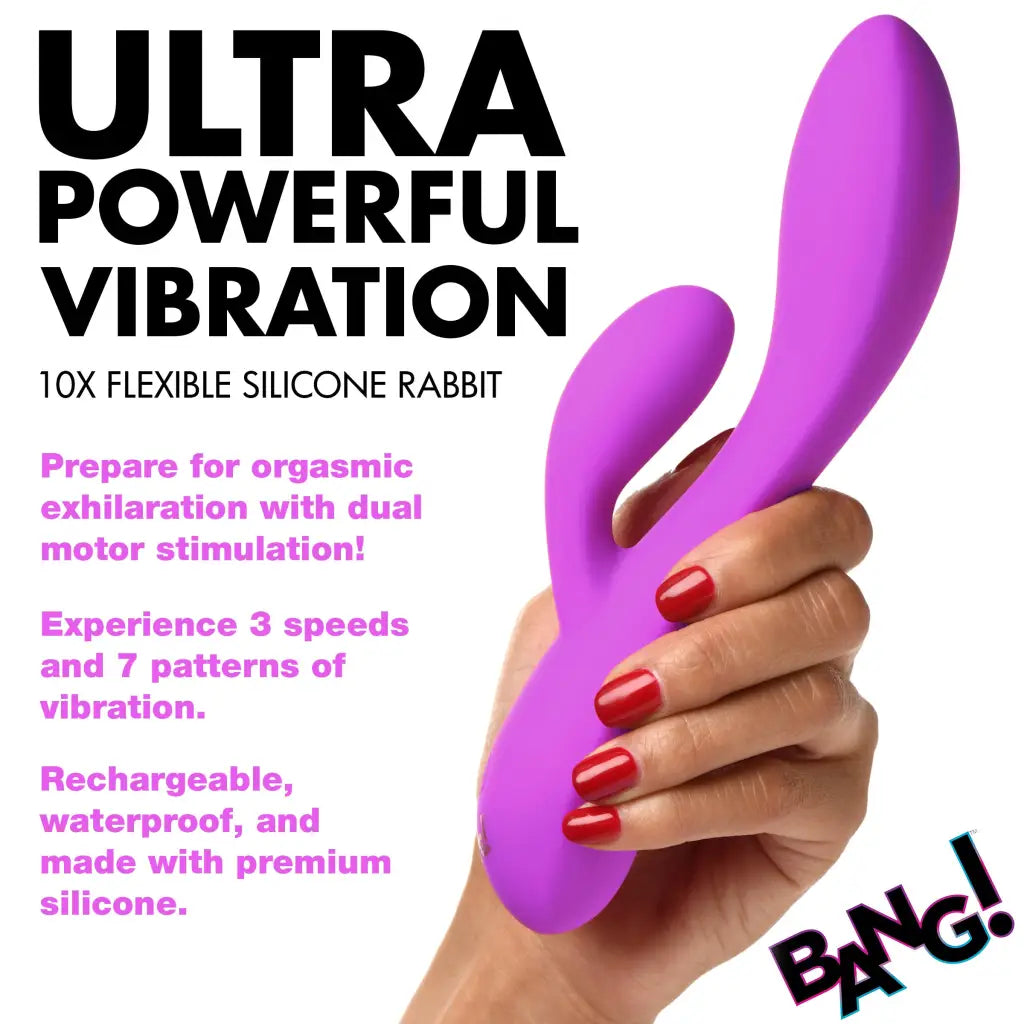 Close-up of a person holding the 10x Flexible Silicone Rabbit Vibrator with rabbit arm