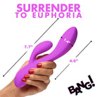 A person holding a 10x Flexible Silicone Rabbit Vibrator with rabbit arm in purple