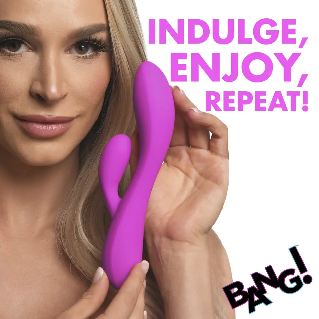 Woman holding a 10x Flexible Silicone Rabbit Vibrator toy, perfect with water based lubricants