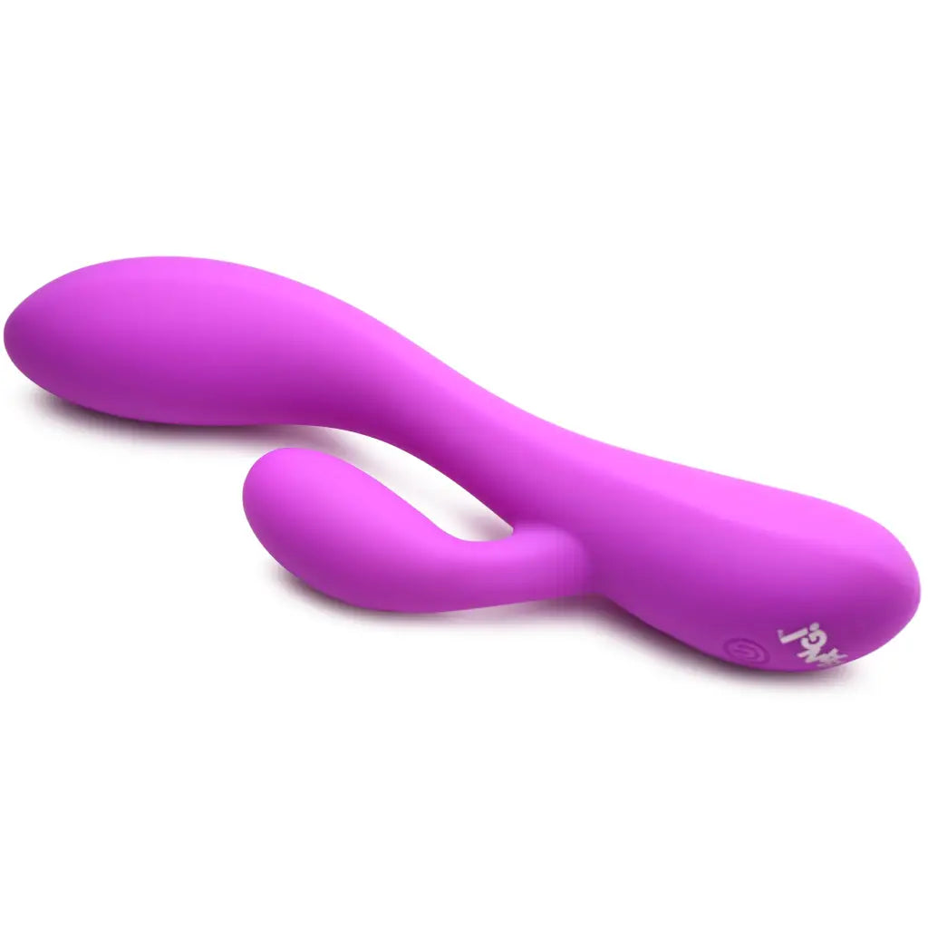 Close-up of purple 10x Flexible Silicone Rabbit Vibrator on white surface