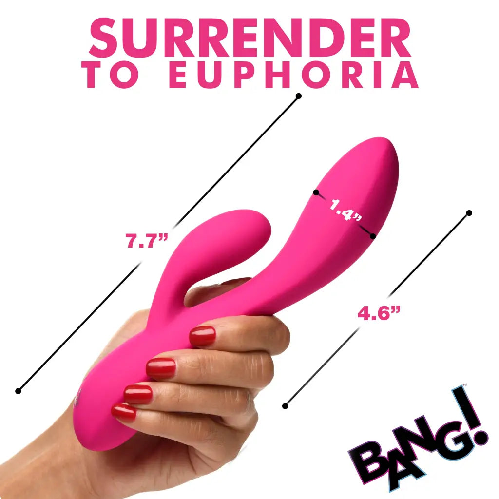 Woman holding 10x Flexible Silicone Rabbit Vibrator with pink rabbit arm and water-based lubricants