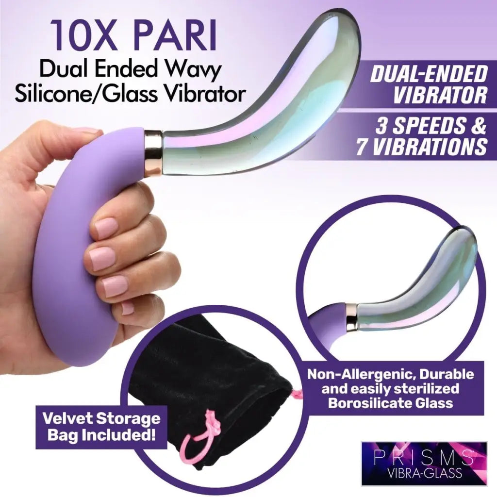 Prisms Vibrator 10x Pari Dual Ended Wavy Silicone And Glass Vibrator at the Haus of Shag