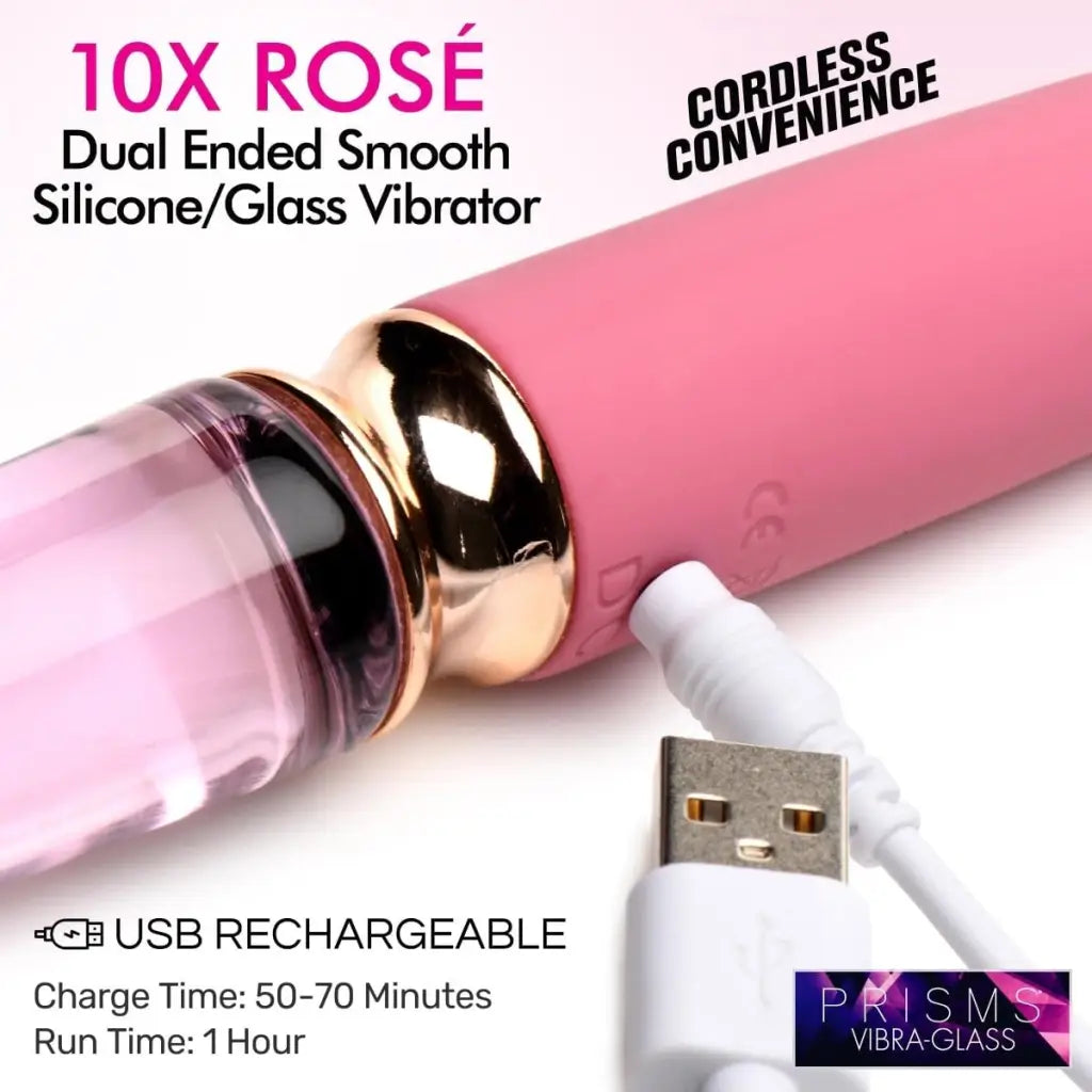 Prisms Vibrator 10x Rose Dual Ended Smooth Silicone And Glass Vibrator at the Haus of Shag