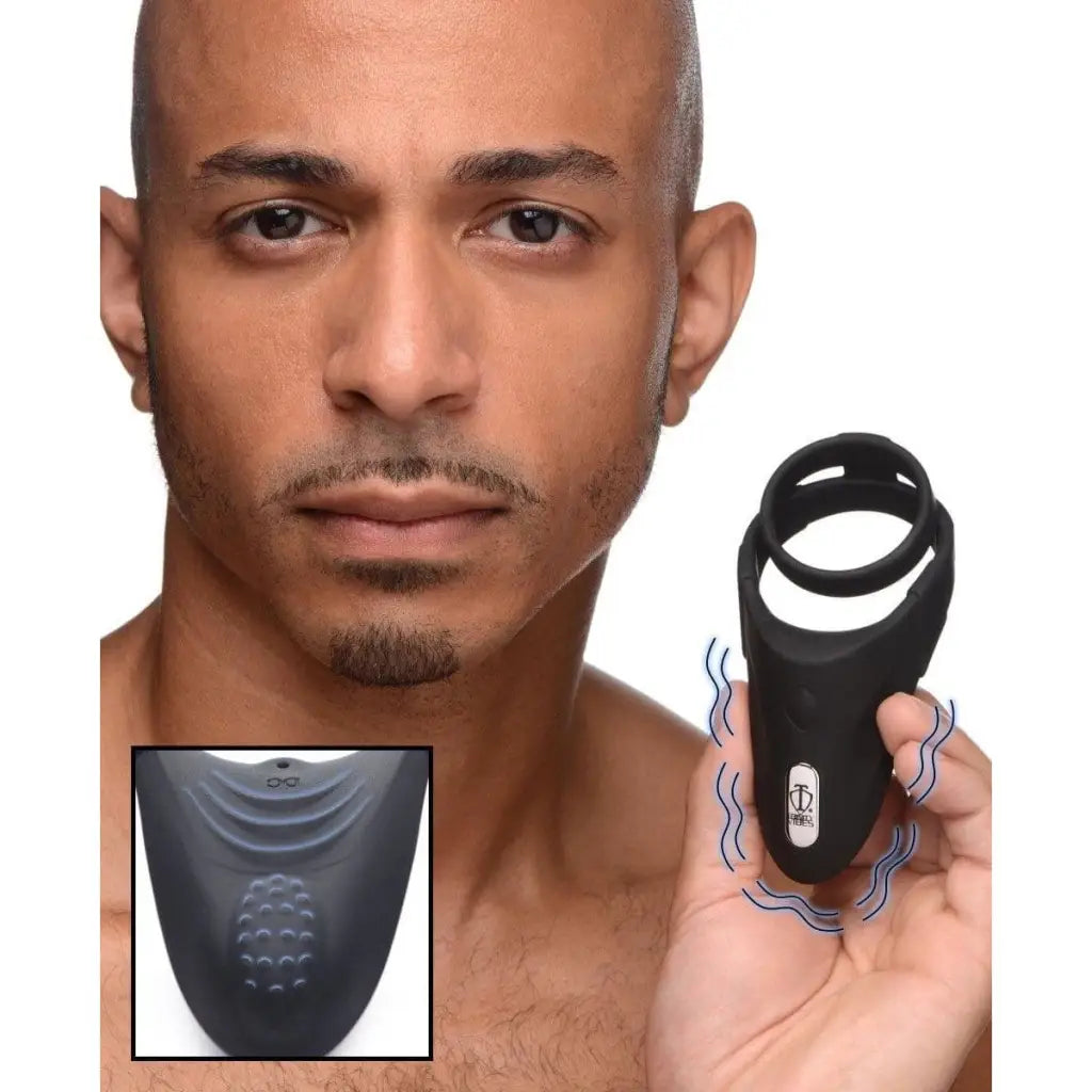 Trinity Vibes Cock Ring Black 10x Silicone Cock Ring With Vibrating Taint Stimulator at the Haus of Shag