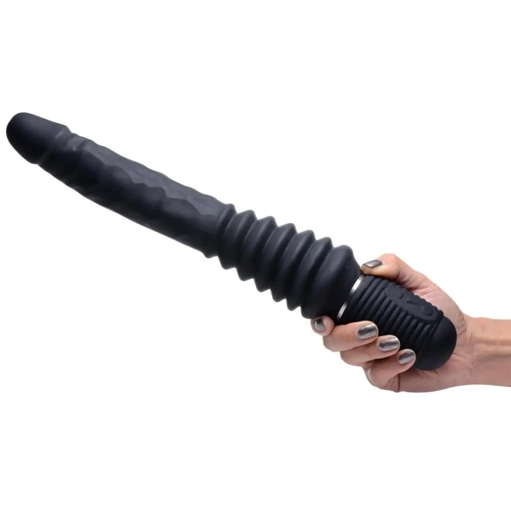 Master Series Vibrator Black 10x Silicone Vibrating And Thrusting Dildo at the Haus of Shag