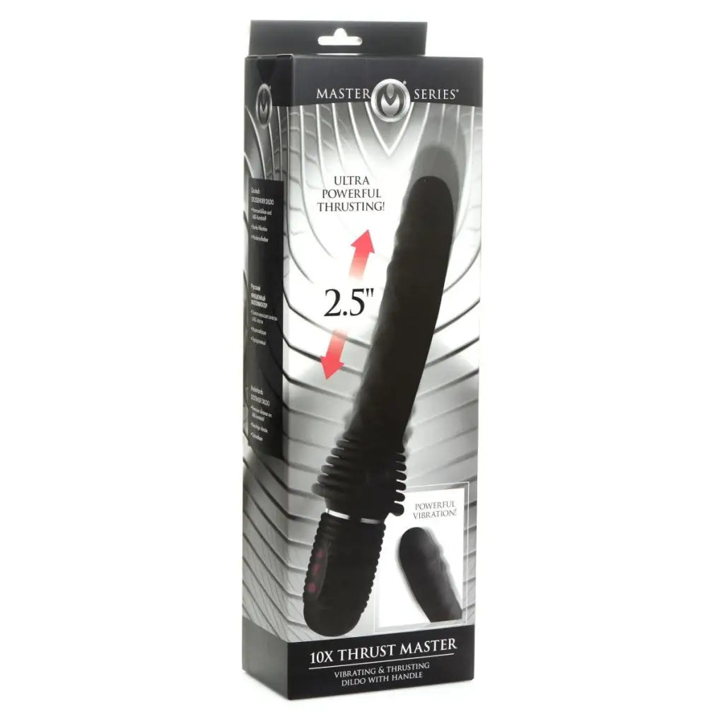 Master Series Vibrator Black 10x Silicone Vibrating And Thrusting Dildo at the Haus of Shag