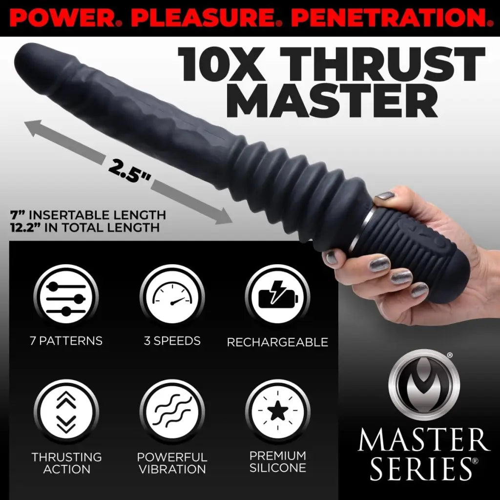 Master Series Vibrator Black 10x Silicone Vibrating And Thrusting Dildo at the Haus of Shag