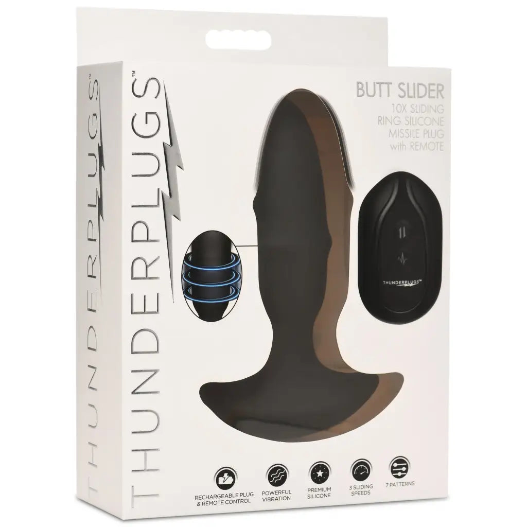 10x Sliding Ring Silicone Missile Plug With Remote - Black - Powered Butt Plug