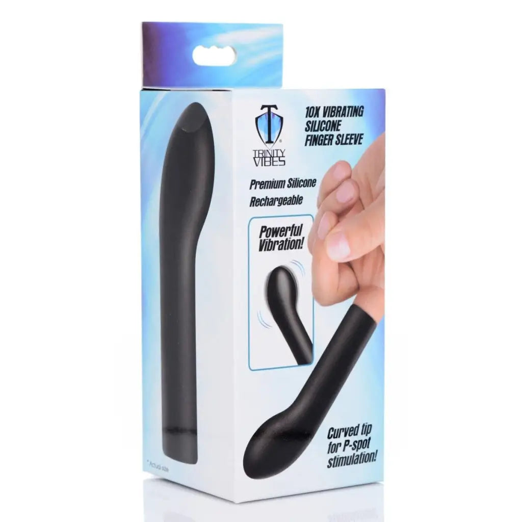 Trinity Vibes Vibrator Black 10x Vibrating Curved Silicone Finger Massager at the Haus of Shag