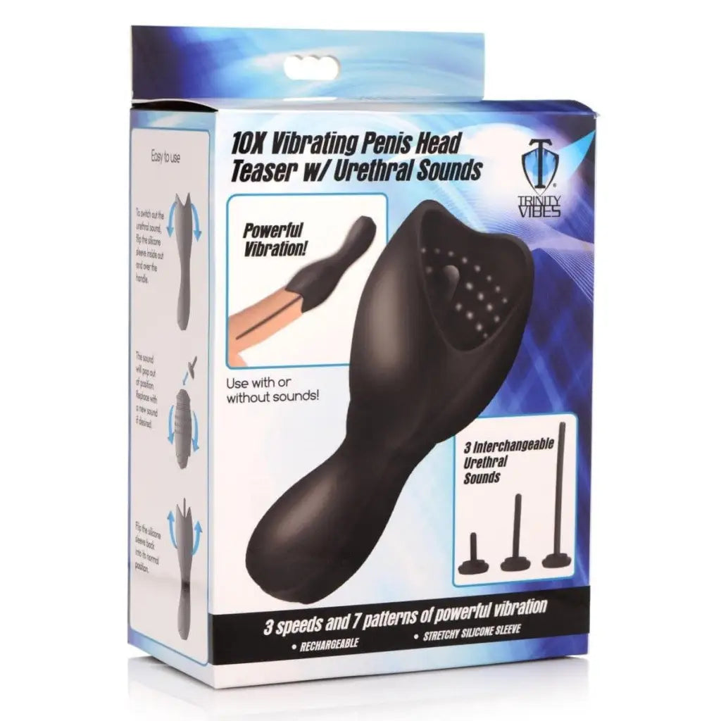 Close-up of 10x Vibrating Penis Head Teaser with Urethral Sounds remote control in box