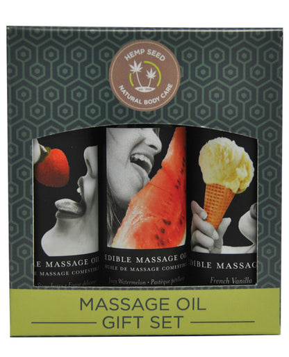 Earthly Body Edible Gift Set with Vanilla, Strawberry and Watermelon 2 oz massage Oils 2 oz