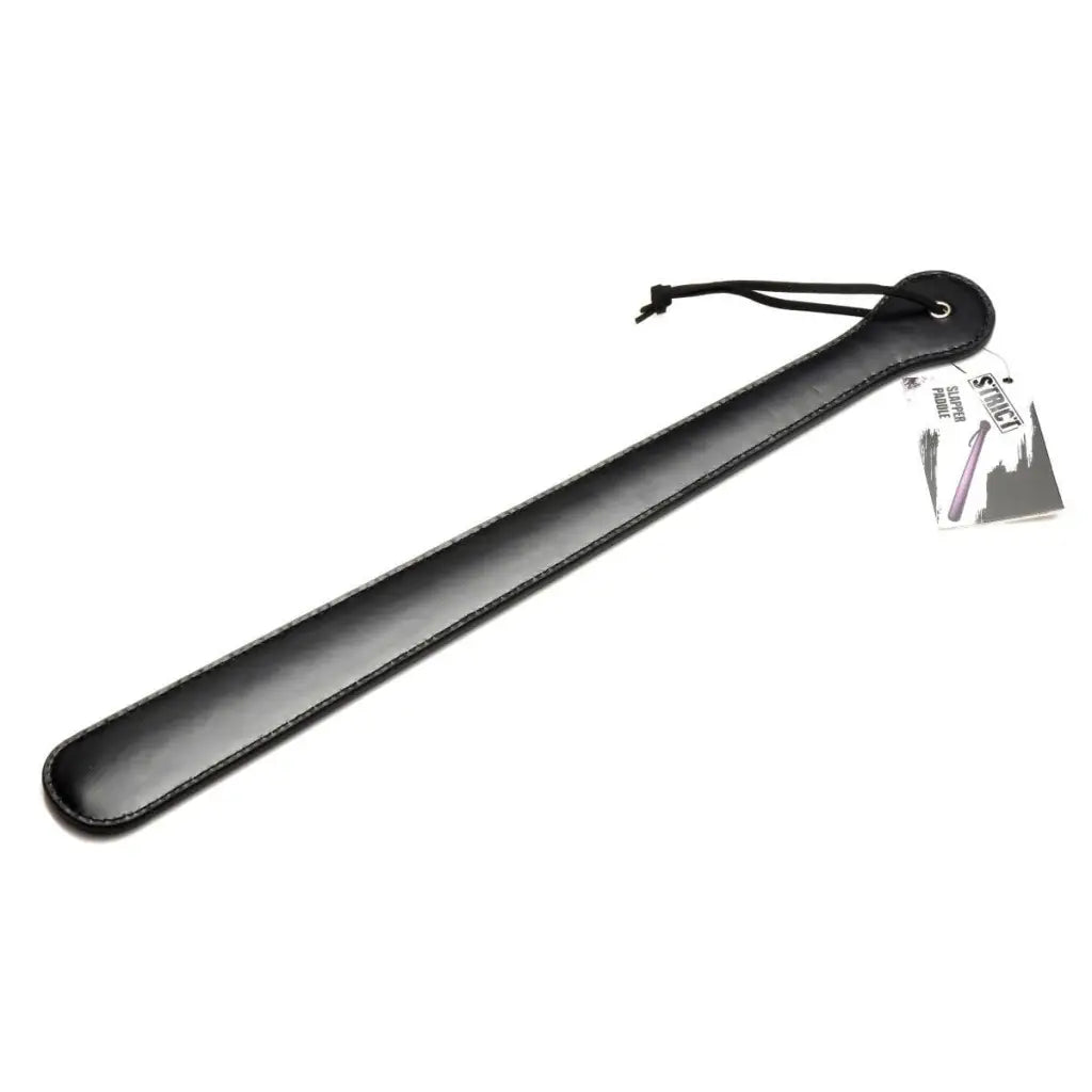 Black leather handle with metal grip on a 19 inch slapper paddle