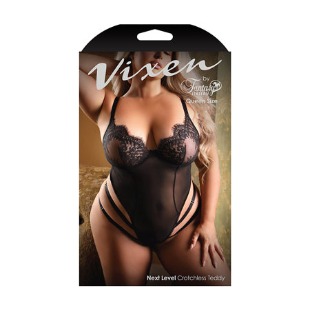 Fantasy Lingerie Vixen Next Level Strappy Crotchless Teddy with Lace Underwire Cups Black Queen Size
