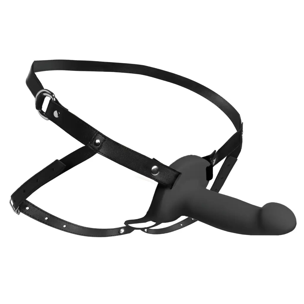 A black leather strap with a metal buckle on a smooth vibrating silicone penis sheath