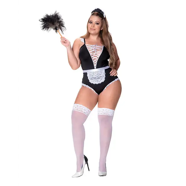 3 Pc French Maid Bodysuit Apron & Head Piece Black/white - 1x/2x - Costumes