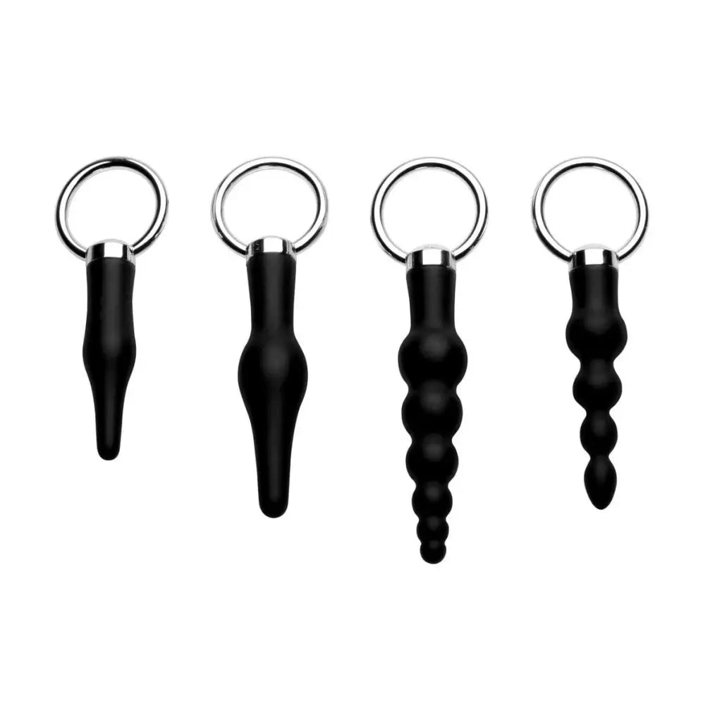 4 Piece Silicone Anal Ringed Rimmer Set with inches insertable length and metal rings attached