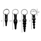 Four black anal plugs with metal rings, different sizes; 4 Piece Silicone Anal Ringed Rimmer Set