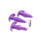 4 Piece Vibrating Anal Plug Set: Purple silicone anal plugs and metal bullet vibrator