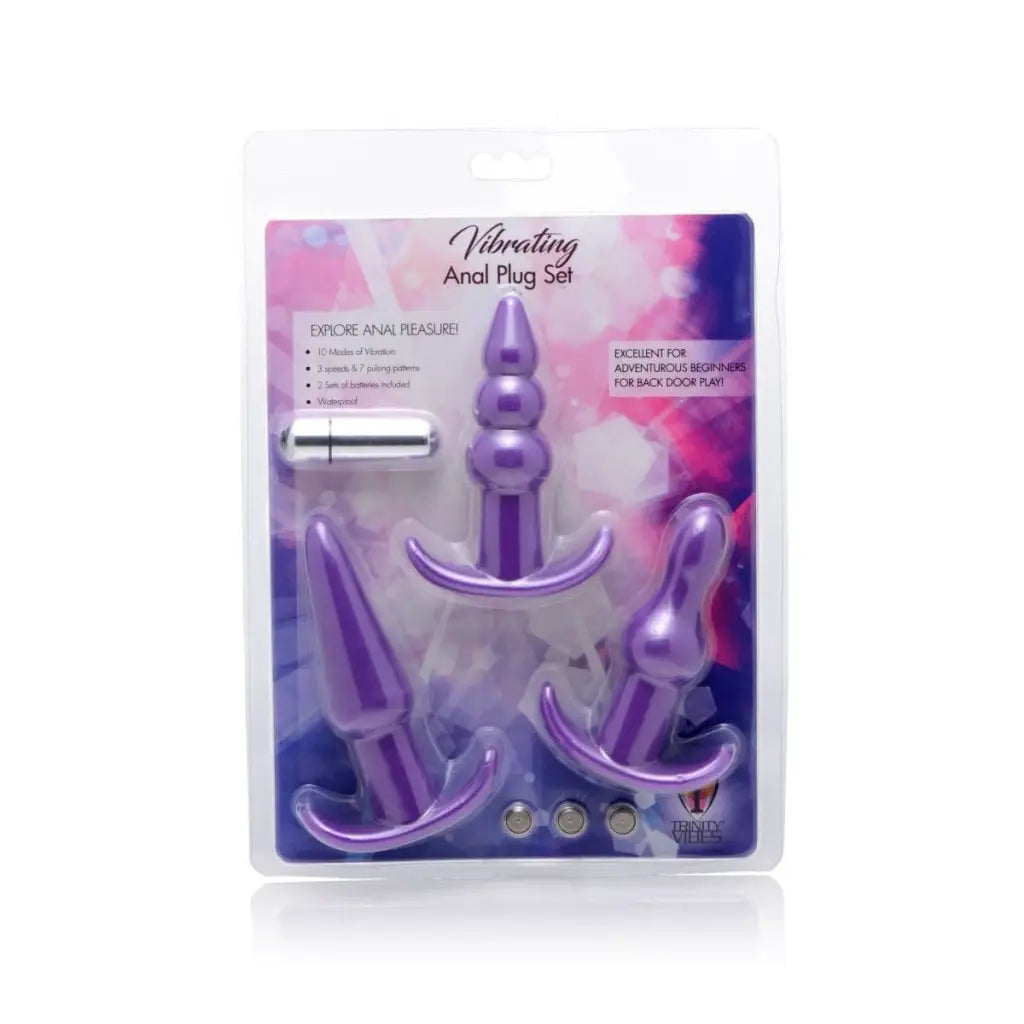 4 Piece Vibrating Anal Plug Set with multiple shapes and bullet vibrator in purple packaging