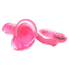 Pink glass paco with pink handle on a 7.5 inch suction cup vibrating dildo