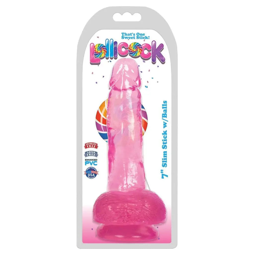 7 Inch Slim Stick With Balls Cherry Ice Dildo in retail packaging