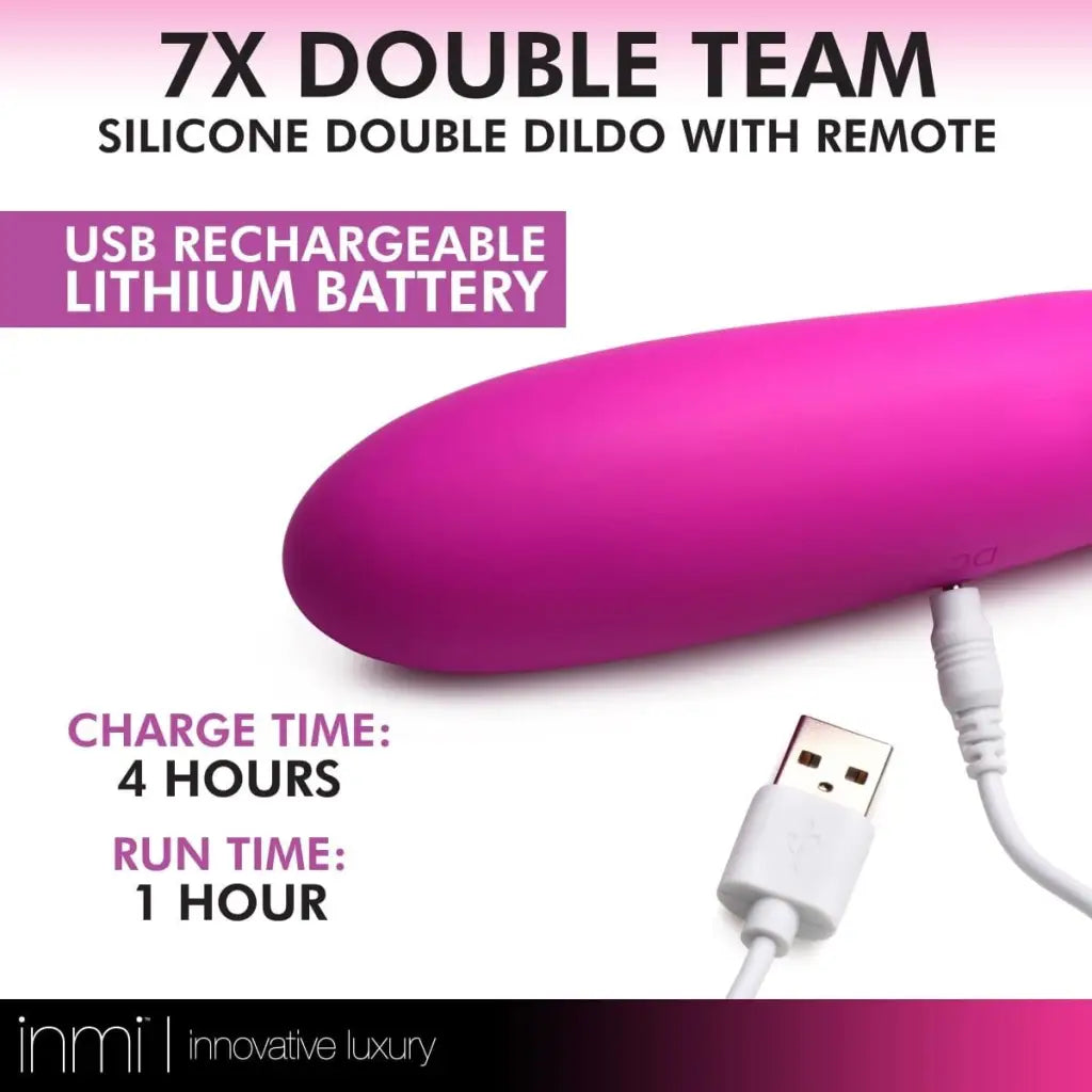 inmi Double Ended Vibrator 7x Double Team Silicone Double Dildo With Remote at the Haus of Shag