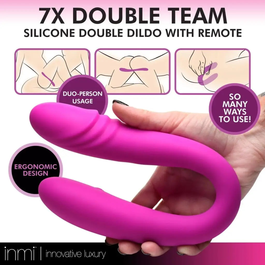 inmi Double Ended Vibrator 7x Double Team Silicone Double Dildo With Remote at the Haus of Shag