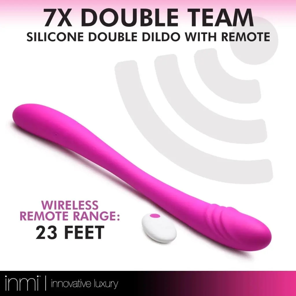 inmi Double Ended Vibrator 7x Double Team Silicone Double Dildo With Remote at the Haus of Shag