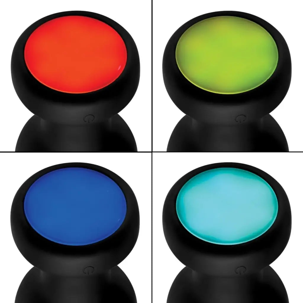 Colorful rechargeable anal plug with lights in red, green, blue, and turquoise options