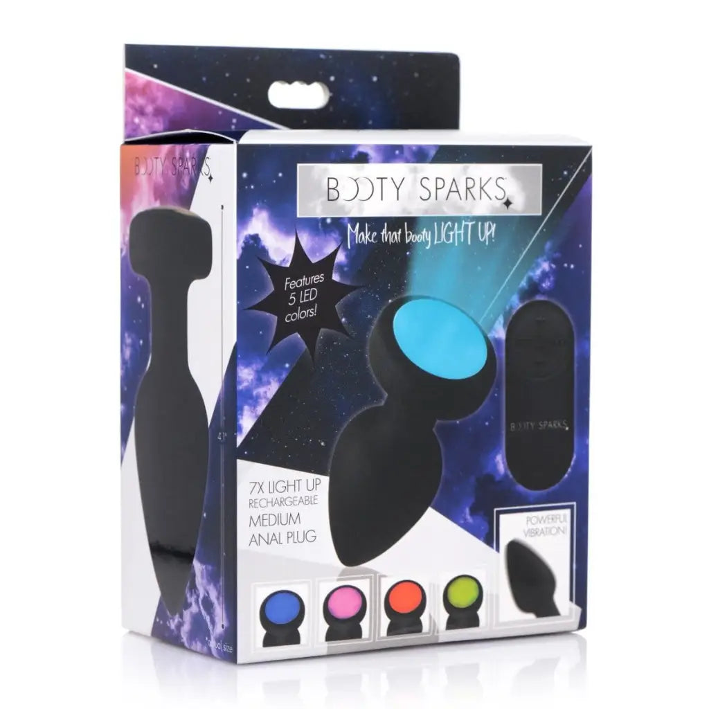 Booty Sparks 7x Light Up Rechargeable Anal Plug in space-themed packaging with color options