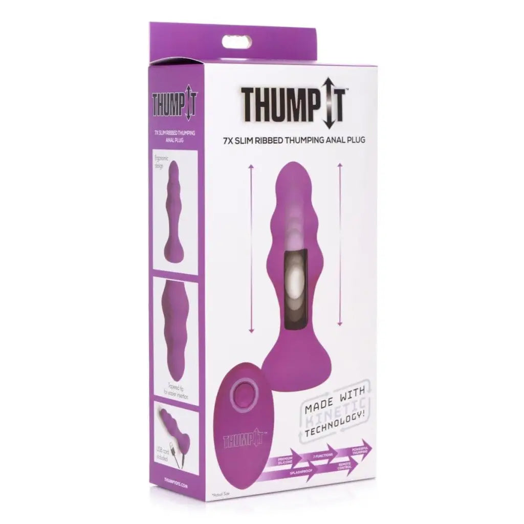 7x Slim Ribbed Thumping Silicone Anal Plug - Purple, ribbed design and thumping functionality