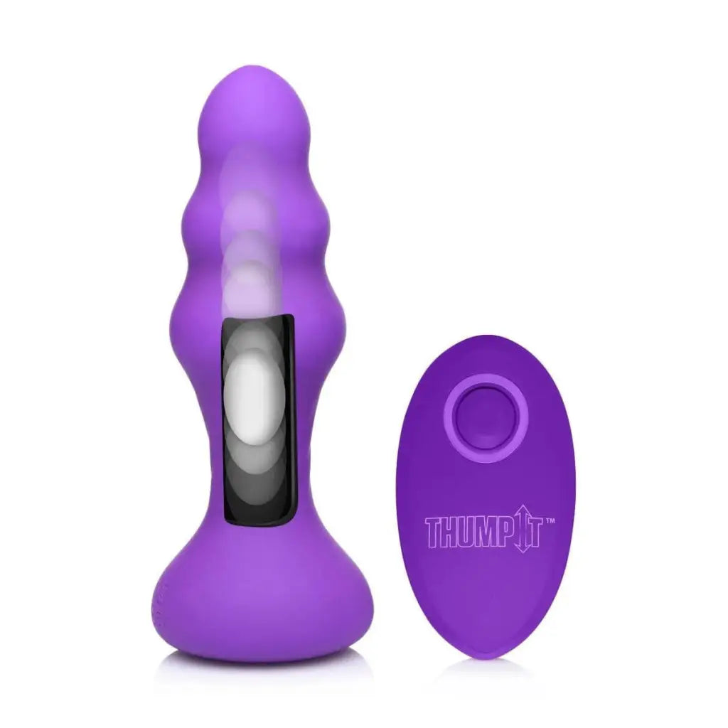 Purple 7x Slim Ribbed Thumping Silicone Anal Plug with remote control