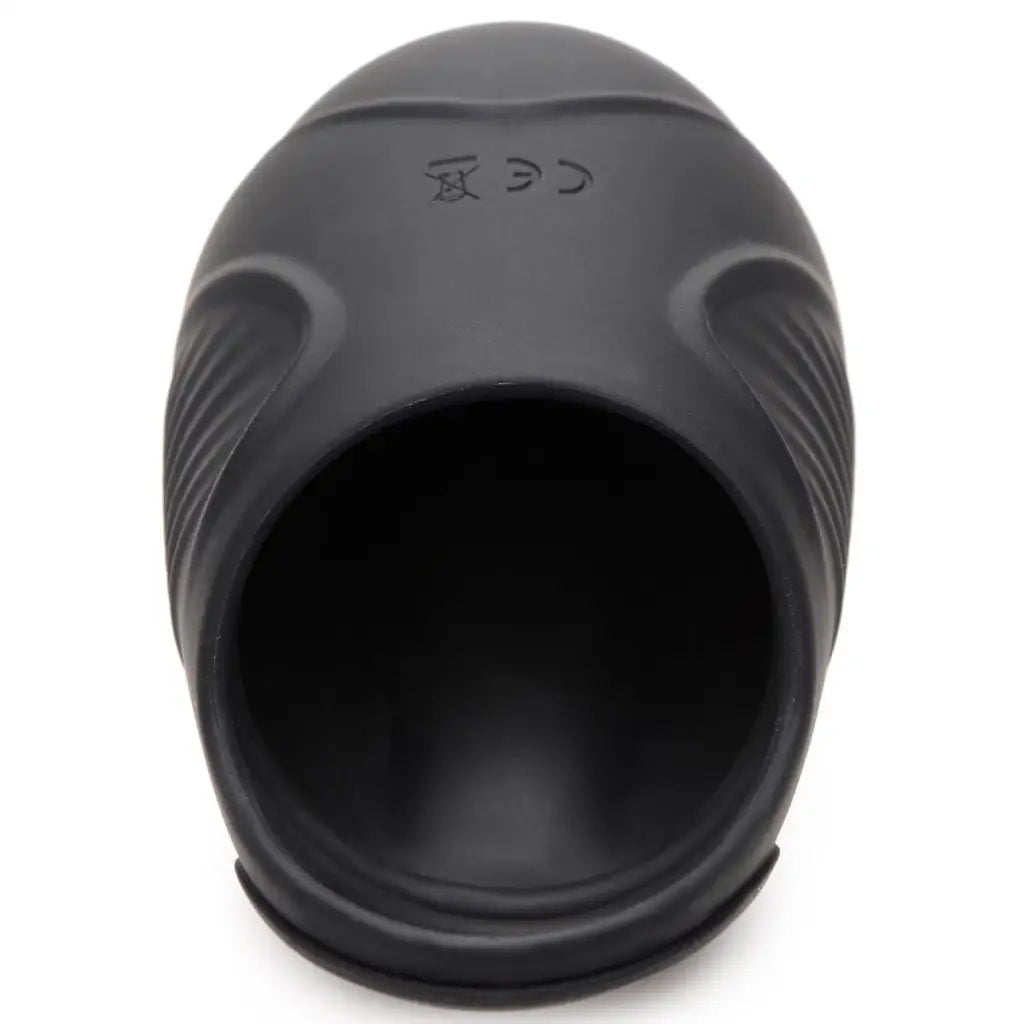 Black open face motorcycle helmet displayed next to 7x Vibrating Silicone Ball Sack product