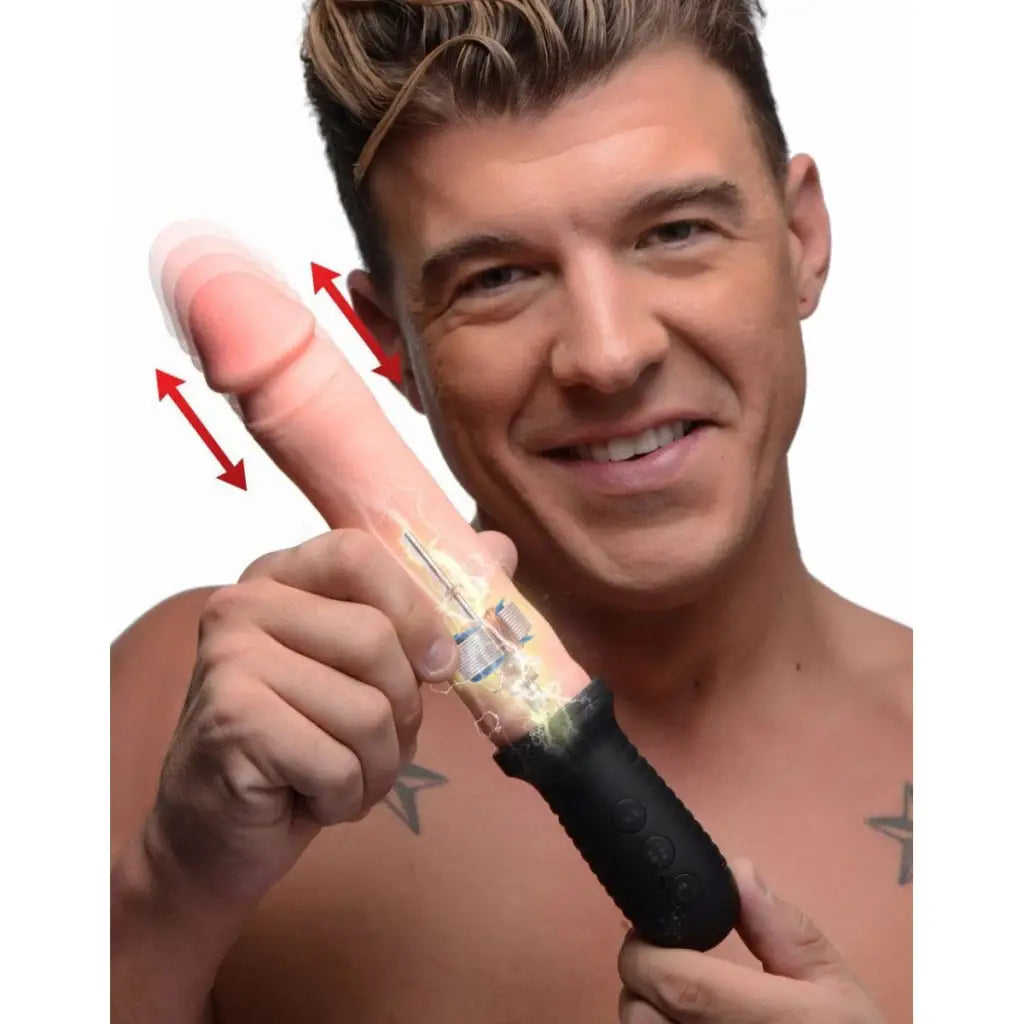 Master Series Vibrator Beige 8x Auto Pounder Vibrating And Thrusting Dildo With Handle at the Haus of Shag