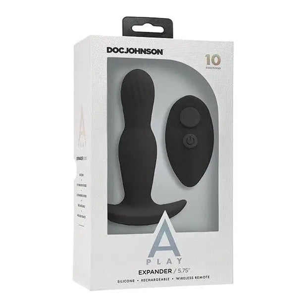 Box of the A-Play Expander Rechargeable Silicone Anal Plug with Remote displayed on a table