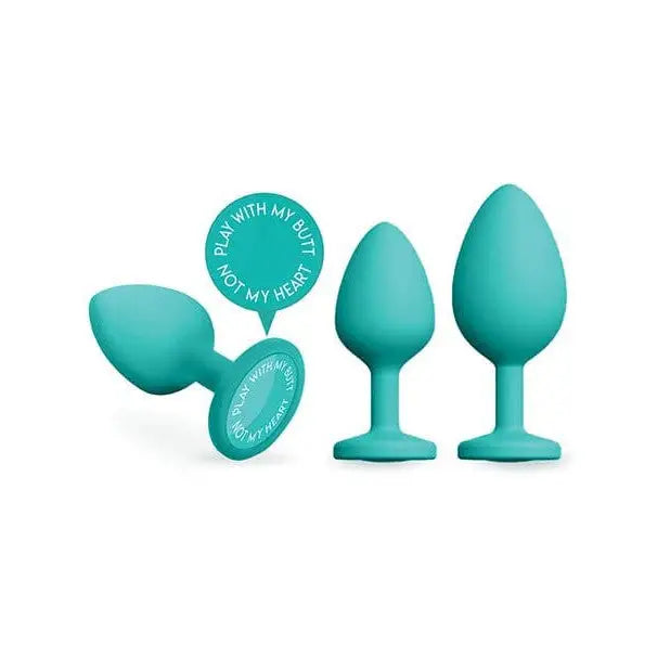 Set of teal play silicone trainer plugs with humorous text bubble from A-Play Silicone Trainer