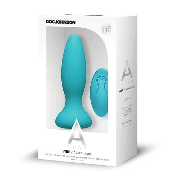 Teal-colored rechargeable silicone anal plug with remote control in product packaging