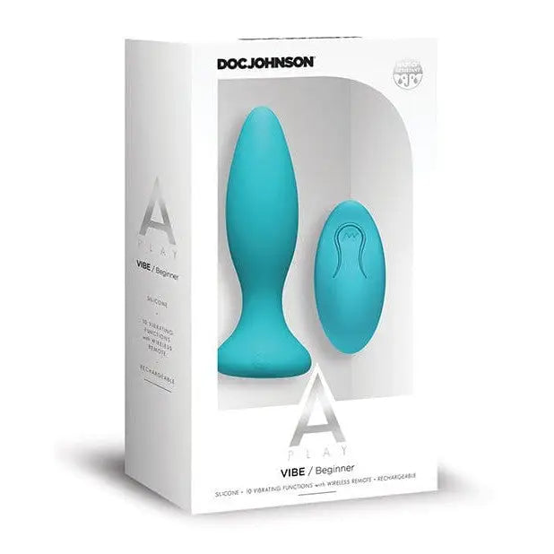 Teal rechargeable silicone anal plug with remote control from A-Play Vibe