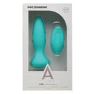 Teal rechargeable silicone anal plug with remote control in retail packaging