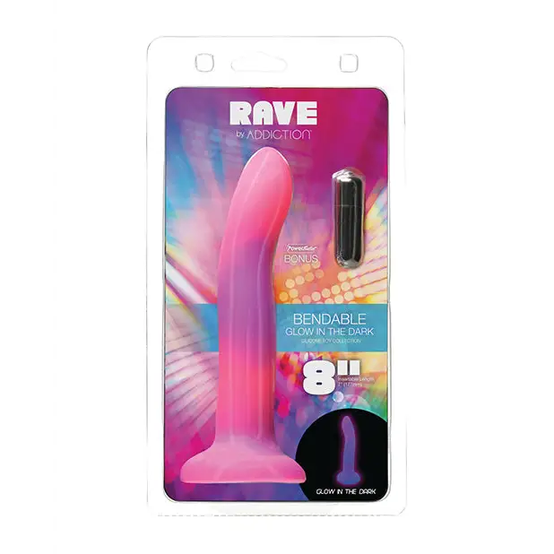 Addiction Rave Bendable 8 in. Silicone Dildo Glow in the Dark Pink Purple - Pink - Dildos and Dongs