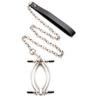 Adjustable pussy clamp with chain leash and handle attachment for heightened control