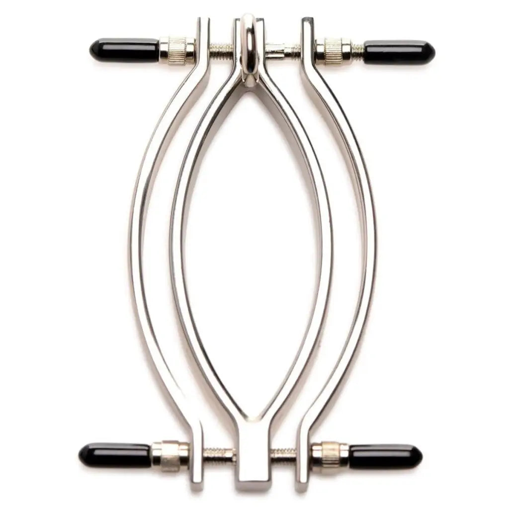 Metal nipple clamps with adjustable screws and black tips for the Adjustable Pussy Clamp With Leash