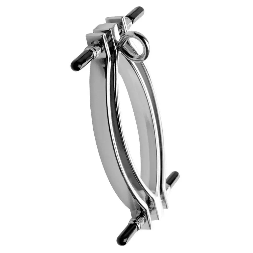 Adjustable pussy clamp with metallic speculum, adjustable blades, and leash