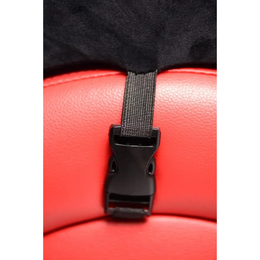 Black plastic buckle on red leather surface of an adjustable pussy clamp with a chain leash