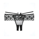 Adore ’Angel’ crotchless panties: black & white lace thong with bow accent