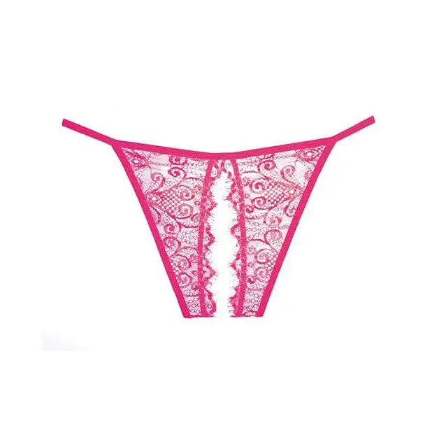 Adore ’Enchanted Belle’ pink lace thong with floral pattern and open crotch design