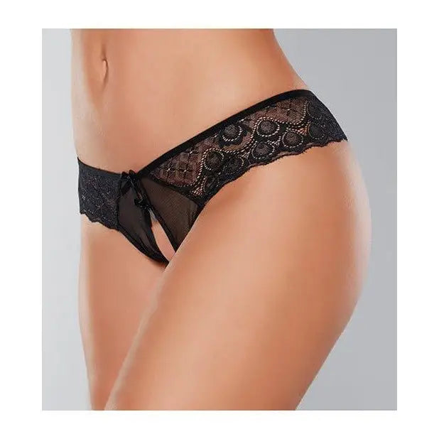 A woman wearing the Adore Foreplay Lace & Mesh Front Open Panty in elegant black lace