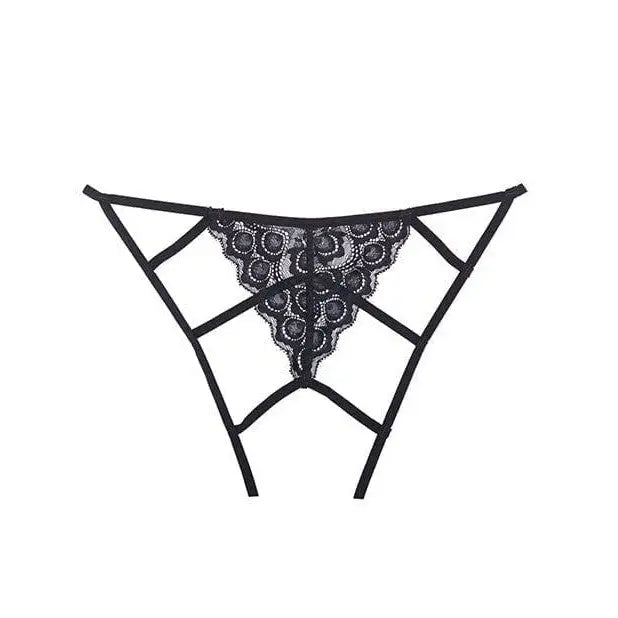 Adore ’Luv Web’ black lace strappy open front thong underwear for women