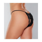 Adore ’Secrets’ Double Mini Bow Open Back Black Lace Thong Underwear on Person’s Lower Body